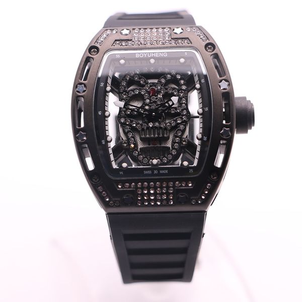 

fixed bezel boyu-heng diamond skeleton mens watches transparent skull head dial quartz tonneau case 43mm all black wide rubber strap watch, Slivery;brown