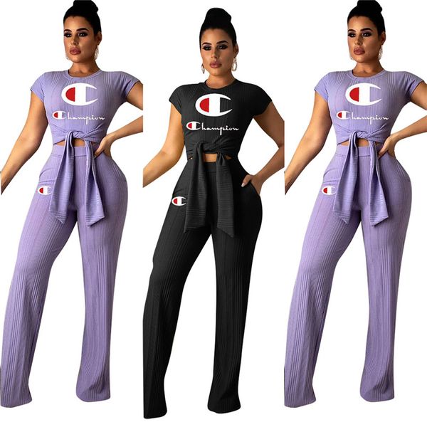 

2019 champion letter brand track uit women bow tie t hirt wide leg loo e pant 2 piece de igner outfit port jogger clothe et a3137