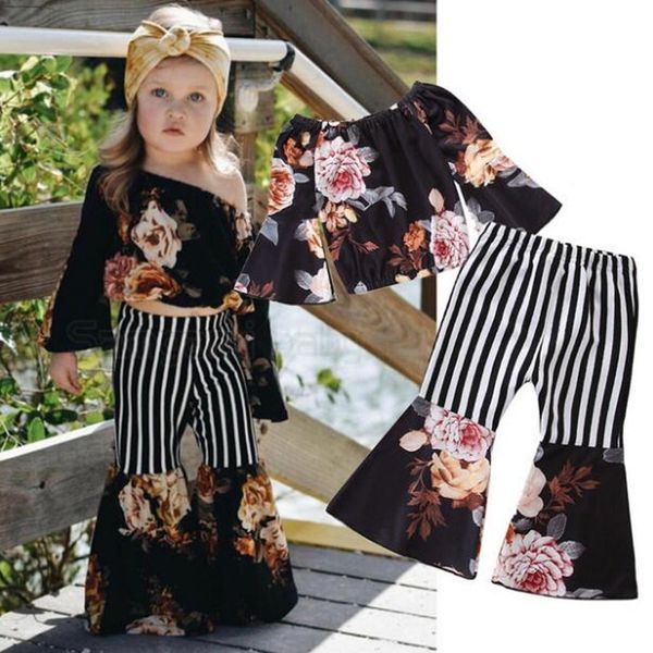 

Модные новинки 2019 Летние наряды для девочек Baby Girl Suit Цветочные топы + полосатые ра