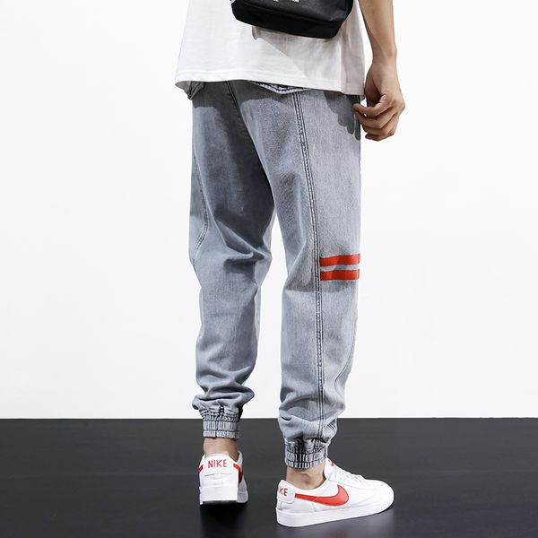 

fashion streetwear men jeans loose fit red stripe cargo pants slack bottom printed designer harem jeans korean hip hop men, Blue