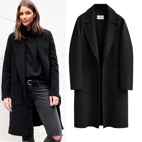 

women loose elegant single breasted woolen coat women's korean casual coats autumn winter fashion overcoat, Black