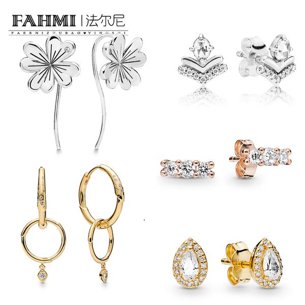 

fahmi 100% 925 sterling silver radiant teardrops shine flower stem rose four-leaf clover crystal fashion charm bead jewelry for women gift, Black