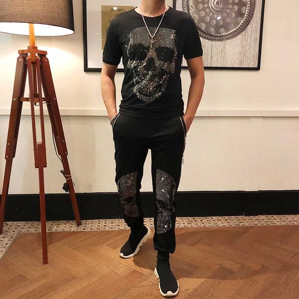 

fashion summer suit men+skull men's sportswear tight rhinestone brand t-shirt+pants casual two-piece suit, Gray