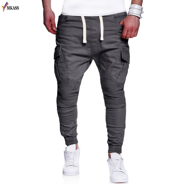 

новый бренд мужские брюки хип-хоп гарем бегунов брюки 2018 летние мужские брюки мужские бегунов твердые мульти-карман тренировочные брюки 4x, Black