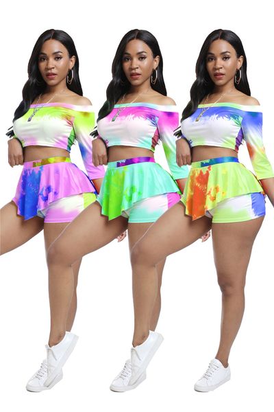

tie dye print designer women tracksuits slash neck crop short pants slim 2 piece suits, Gray