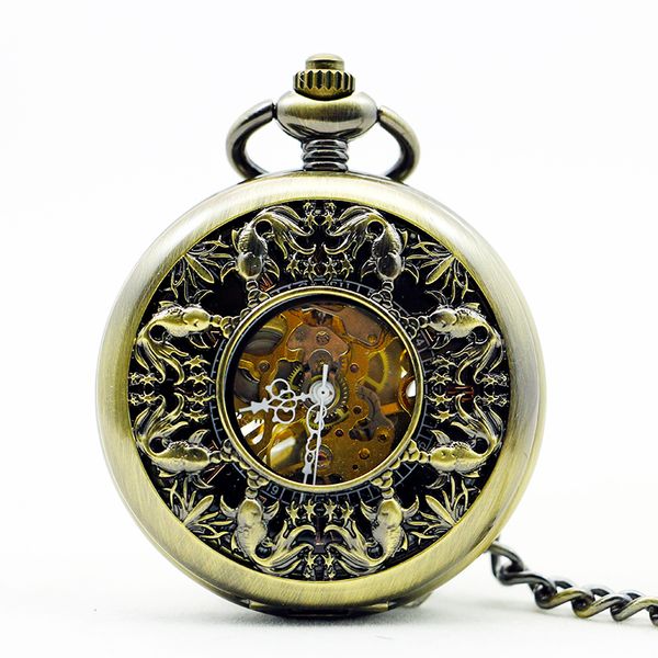

vintage bronze engraving openwork single open mechanical pocket watch roman numeral steampunk men's and women's bracelet, Slivery;golden
