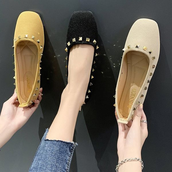 

casual woman shoe moccasin shoes 2020 fashion women's all-match rivets studs square toe female footwear shallow mouth moccasins, Black