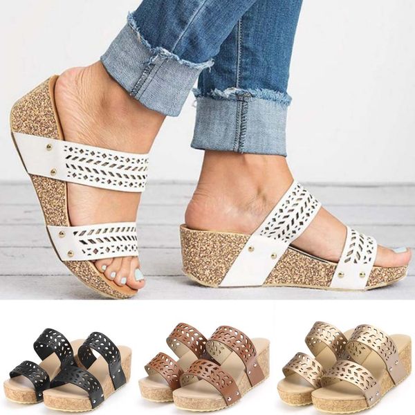 

european and american retro burnt flower wedges with high heel ladies sandals hollow carved slipper muffin roman plus size 35-43, Black