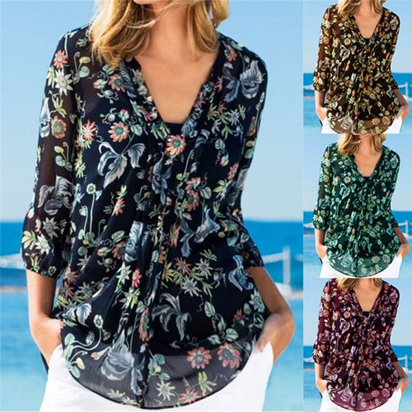 

2020 fashion floral print shirts women v neck long sleeve button casual loose plus size blouse, White