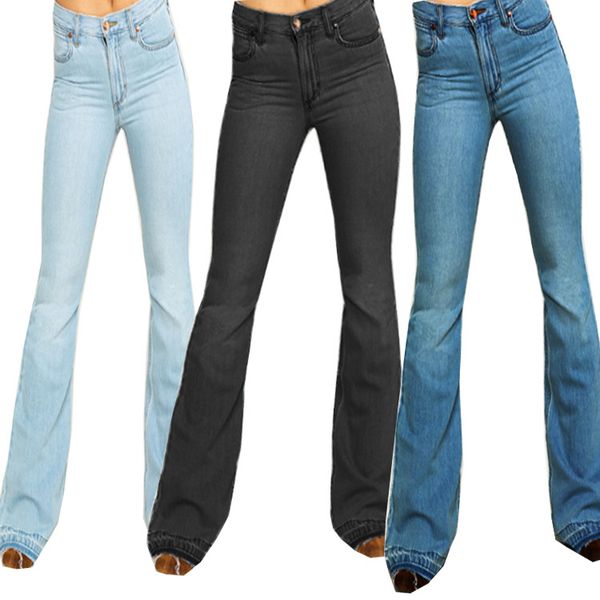

women's jeans woman middle-waisted washed show thin pants simple burr elastic denim flared, Blue