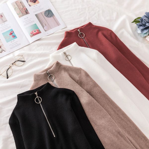 

designer women casual sweater long sleeve pullover zipper turtleneck autumn fashion knitted slim female outwear 9 colors size, White;black