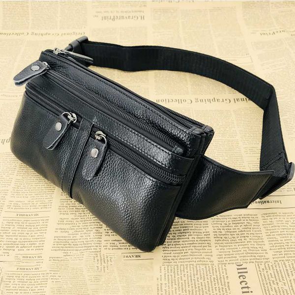 

black 100% real genuine leather fanny pack men waist bag hip belt bag retro 2020 spring new waist pack phone pouch chest