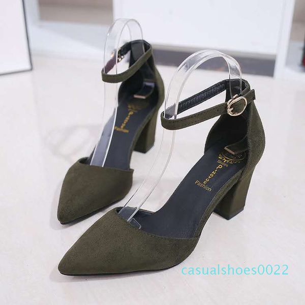 

spring and autumn new sharp fashion buckle women's shoes thick with black suede pointed high sandals wome c22