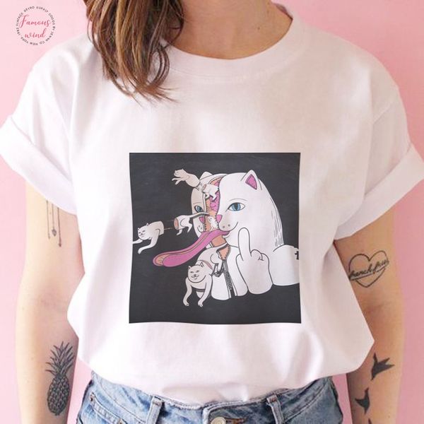 

funny very evil and streetwear style brand 2020 summer t shirt women rip n dip tshirts cute cat finger cat female, White