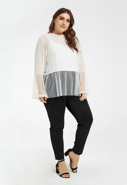 

2019 europe and america large women's fat mm autumn new solid color horn sleeve perspective lace top, White