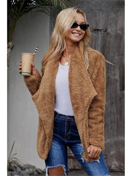 

winter women designer coats casual fashion lapel neck solid color loose fuzzy coats cardigan womens outerwear, Black