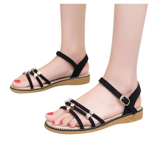 

2020 fashion women rhinestone sandals flat shoes summer sandals ladies solid color buckle strap beach shoes sandalias mujer, Black