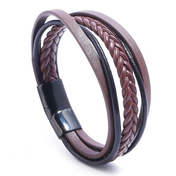 

niuyitid brown multilayer genuine leather bracelet men stainlees steel cuff bracelets & bangles male wristbands drop shipping, White