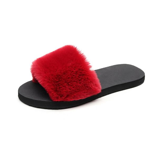 

women slippers fashion fluffy faux fur plush slippers women spring autumn slides flip flops flat shoes 36-40, Black