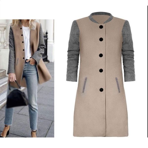 

autumn winter color patchwork woolen coat women long sleeve fashion streetwear causal jacket coat ladies blend overcoat new vcqy, Black