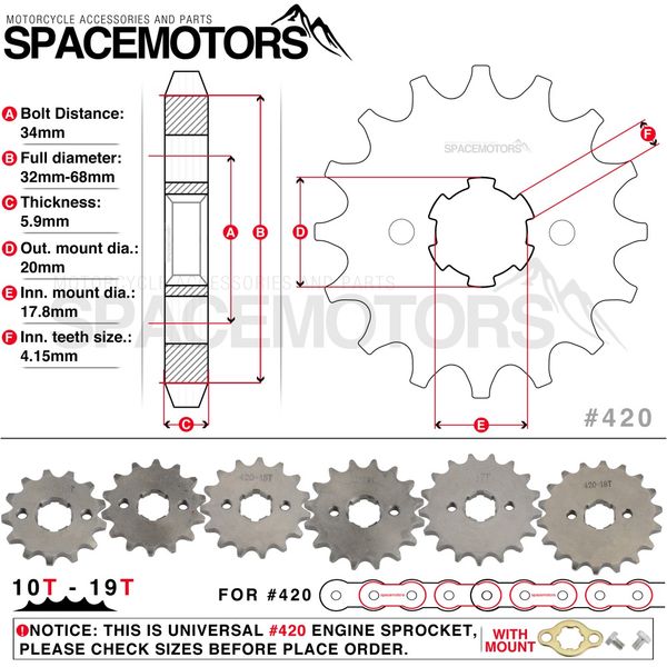 

420 10t-19t 20mm spline front engine sprocket for motorcycle moped pitbike 50 dirt pit bike atv quad gokart buggy scooter parts