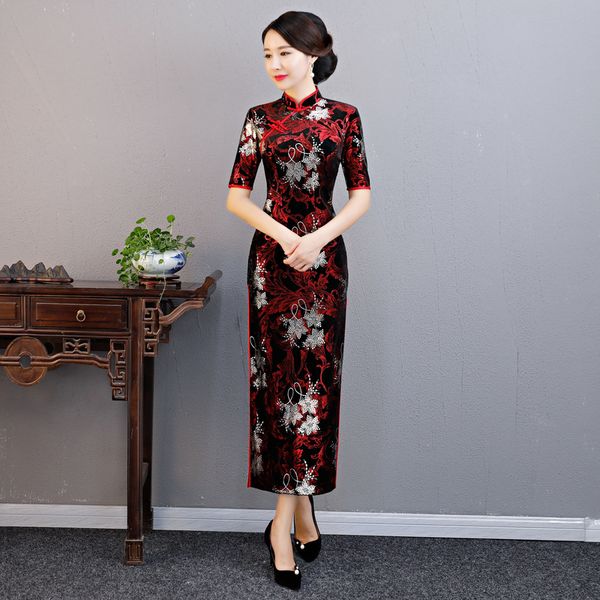 

новая осень половина рукава бархат cheongsam дамы элегантный тонкий сплит длинный qipao большой размер -3xl мандарин воротник китайское пла, Red