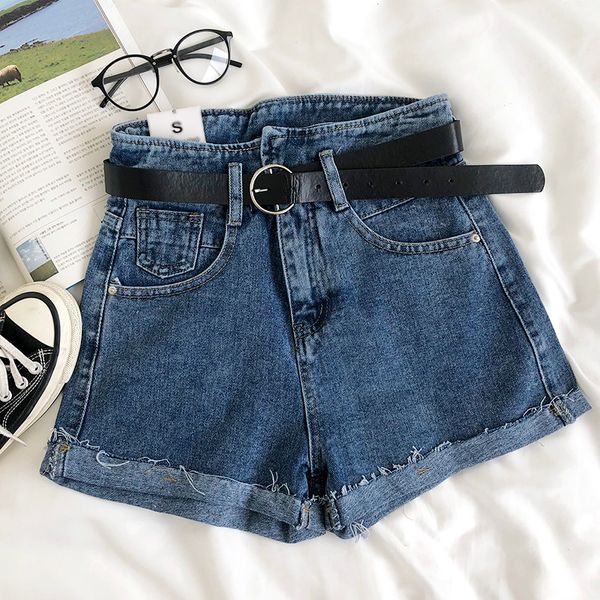 

new 2020 summer high waist denim shorts women casual loose black blue shorts fashion denim with belt, White;black