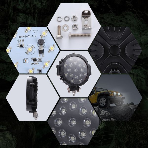 

51w work light round shape led black spotlight vehicle headlight parts replacement ip67 bulbs 7 inch practical