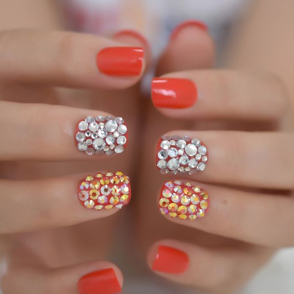 

custom rhinestone nails short glossy red squoval ladies artificial acrylic fingernails crystal gorgeous nails, Red;gold