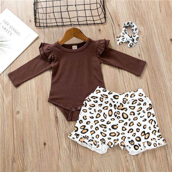 

0-36m newborn baby girl clothes set solid color long sleeve ruffle romper leopard short pants headband 3pcs infant outfits, White