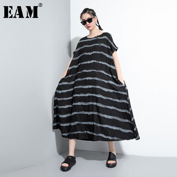 

eam] womenwhite black striped big size long dress new round neck short sleeve loose fit fashion tide spring summer 2020 1w768, Black;gray