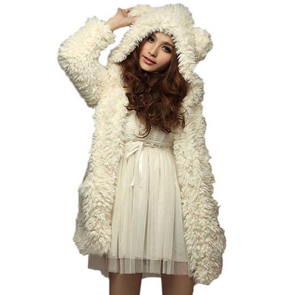 Autunno Inverno Donna Caldo Cappotti di pelliccia Moda Simpatico orso Orecchio Peluche Spessore con cappuccio Cappotto bianco nero Giacche Capispalla 6Q2458