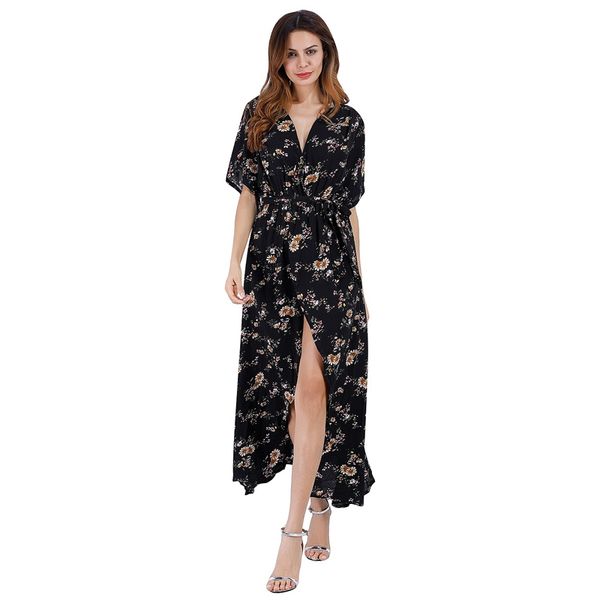

boho floral print mid dress womens summer beach casual vintage dresses black, Black;gray