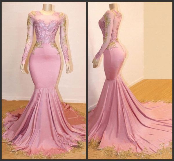 

2019 new sheer long sleeves mermaid long prom dresses black girls gold lace applique sweep train formal party evening gowns