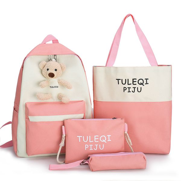 

2020 new backpack four-piece family with the same style korean fashion cute bear student four-piece school bag junior high school backpack y