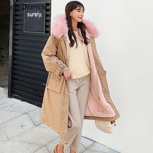 

ostrich winter jacket women thick warm hooded parka mujer fur collar padded coat long loose jacket female n30, Black
