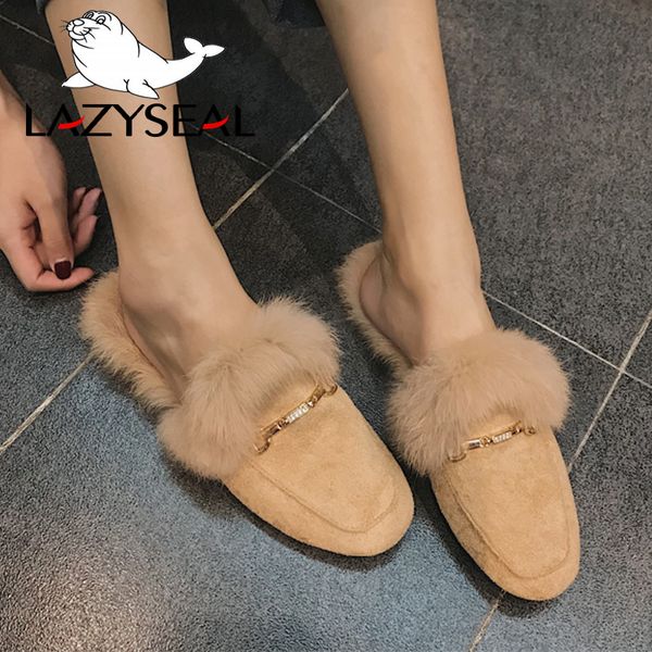 

lazyseal new furry slippers real fur mules shoes women slippers square toe women flip flops metal decoration ladies slides woman t200411, Black
