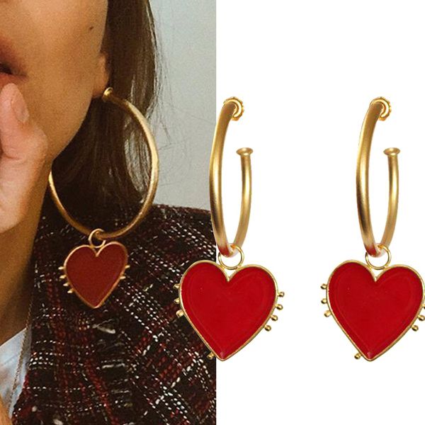 

2019 latest fashion jewelry copper vintage gold big hoop earrings with red heart charm lady's street style statement earring, Golden;silver