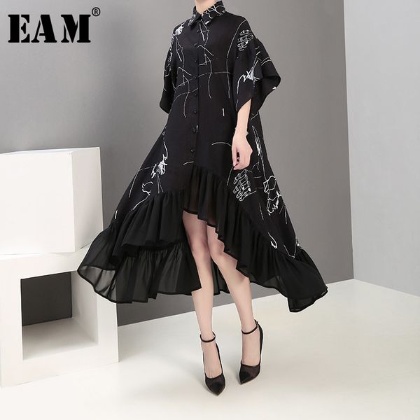 

eam] women black back long ruffles big size shirt dress new lapel half sleeve loose fit fashion tide spring summer 2020 1t429, Black;gray