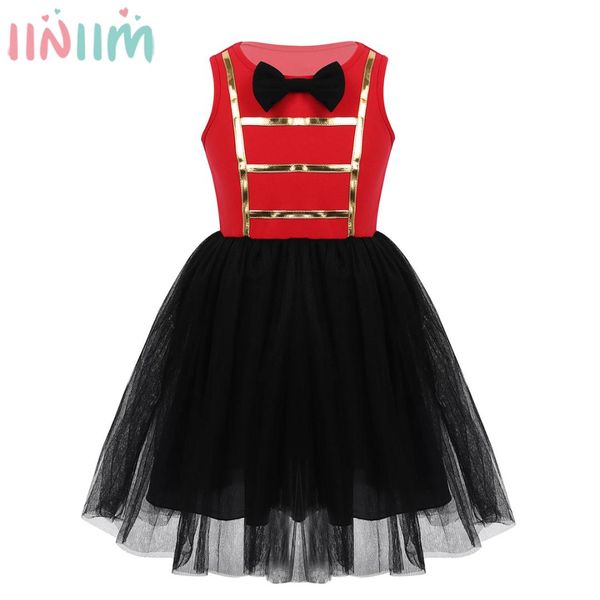 

iiniim kids girls costume sleeveless showman princess dress bowtie mesh tutu dress for halloween cosplay fancy party up, Red;yellow
