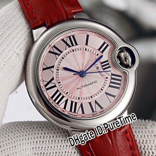 

twf 33mm wsbb0002 japan nh05 automatic ladies womens watch steel case pink texture dial roman markers red leather strap puretime g07b2, Slivery;brown