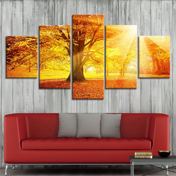 

gold tree sunset canvas pictures framework hd prints poster 5 piece landscape paintings modular home decoration wall art