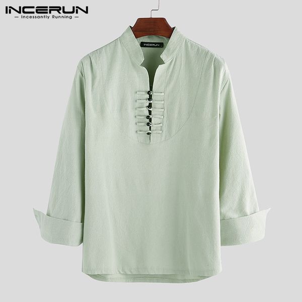 

incerun vintage long sleeve shirt men cotton button stand collar solid color casual ethnic style loose camisa men shirts, White;black