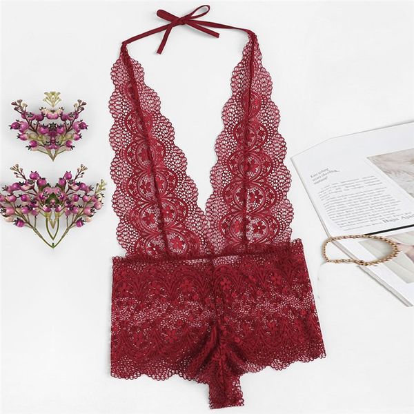 

fashionable women plus size lace lingerie erotic deep v-neck jumpsuit perspective backless siamese sleepwear intimates a20, Red;black