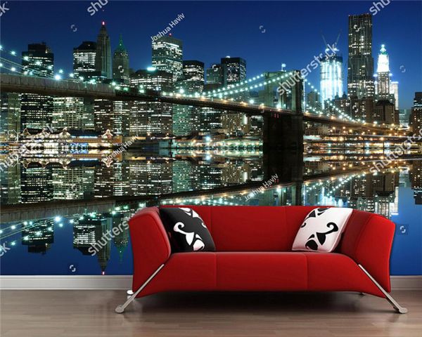 Custom 3d Murals Manhattan Bridge And Manhattan Skyline At Night New York City Living Room Sofa Tv Wall Bedroom Wall Paper Hd Wallpapers With High