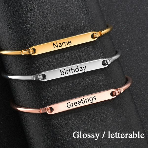 

rose gold lady bracelet private custom laser lettering stainless steel glossy strip bangle stainless steel smooth long bracelet, Black