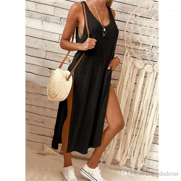 

fashion slit dress summer sleeveless loose short sleeve roun neck dress womens solid color, Black;gray