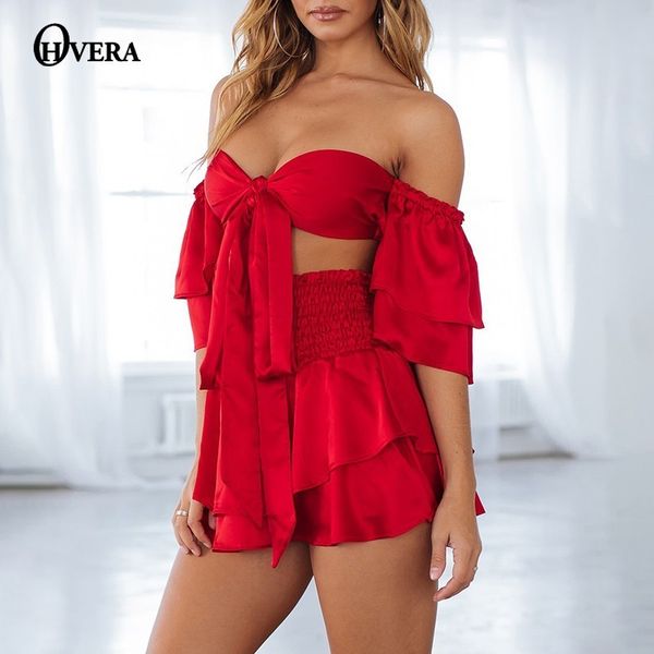 

ohvera satin two piece set strapless crop and cascading ruffles mini skirts 2 piece set women 2019 summer outfits, White