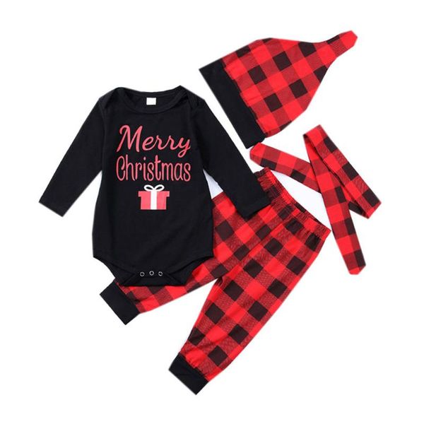 

набор из 4 осенних круглый вырез буквы печати решетки брюки милый дышащий рождественский комбинезон с длинным рукавом мягкий детский костюм, White