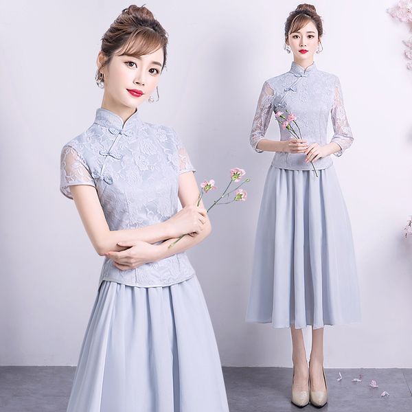 

2pcs vintage chinese style retro toast gown marriage cheongsam qipao party dusty blue bridesmaid dresses wedding guest dress, Red